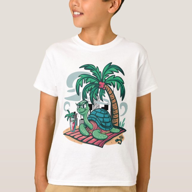 Relaxing Sea Turtle Under Palm Trees T-Shirt (Front)