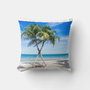 Relaxing Seascape View with Palms on the Beach Throw Pillow