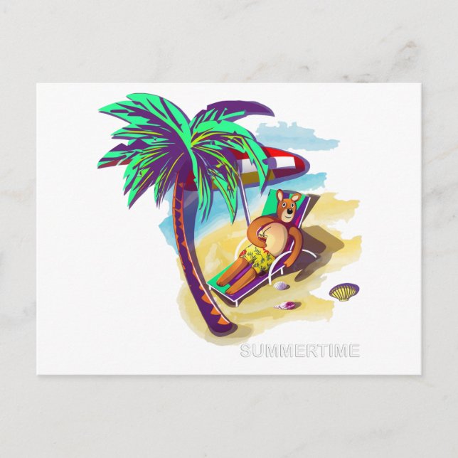 Relaxing Summer Bear on Tropical Beach Holiday Postcard (Front)