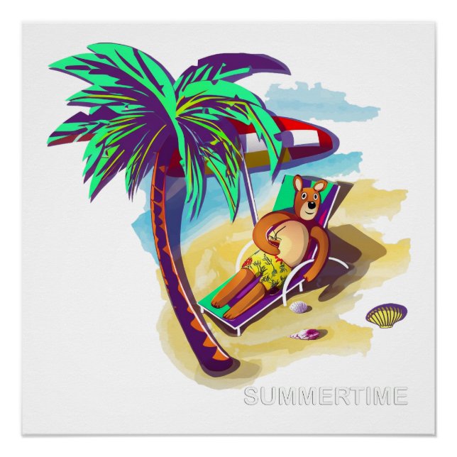 Relaxing Summer Bear on Tropical Beach Poster (Front)