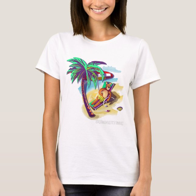 Relaxing Summer Bear on Tropical Beach T-Shirt (Front)