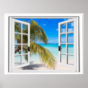 Relaxing Tropical Beach Faux Window View Poster