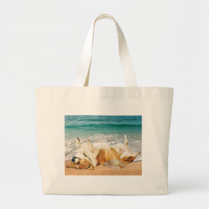 Relaxing Welsh Corgi on the Beach Large Tote Bag