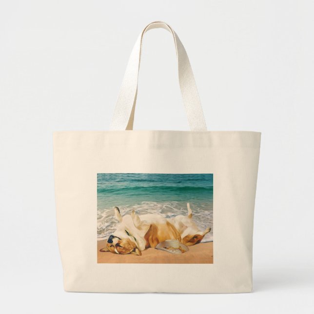 Relaxing Welsh Corgi on the Beach Large Tote Bag (Front)
