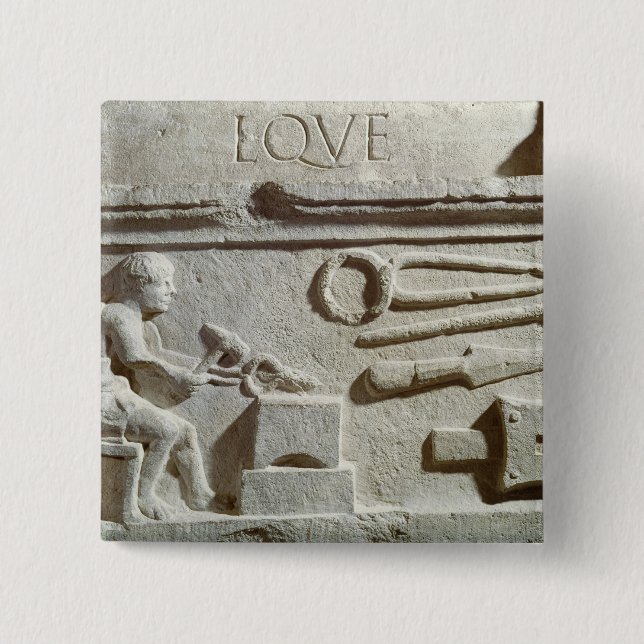 Relief depicting a blacksmith's shop and tools 2 inch square button (Front)