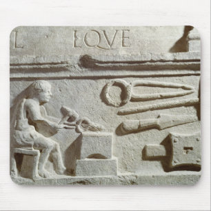 Relief depicting a blacksmith's shop and tools mouse pad