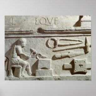 Relief depicting a blacksmith's shop and tools poster