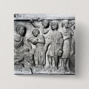 Relief depicting a boy reading to his teacher 2 inch square button