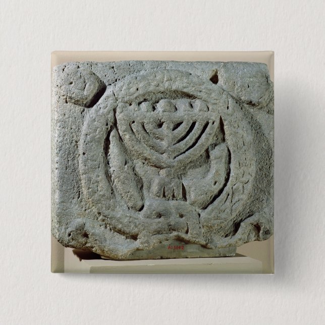 Relief depicting a menorah 2 inch square button (Front)