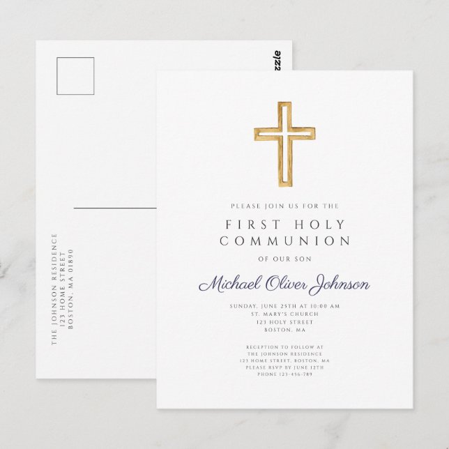 Religieux Blue Boy First Communion Invitation (Devant / Derrière)
