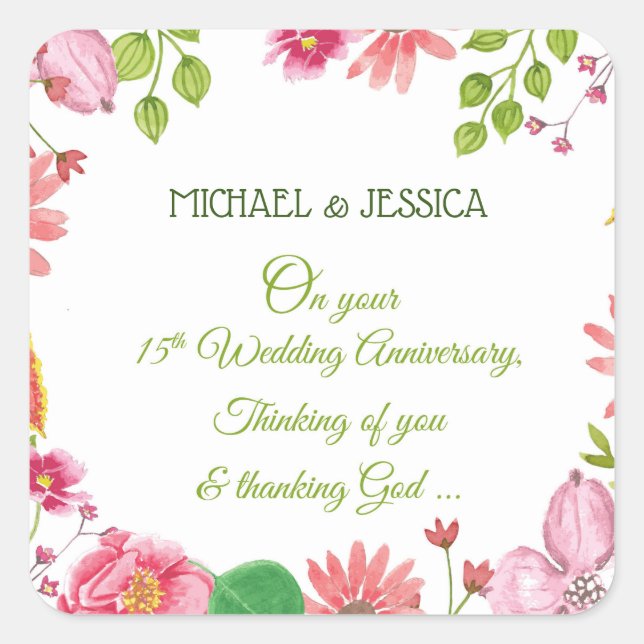 Religious 15th Wedding Anniversary Flowers Square Sticker (Front)