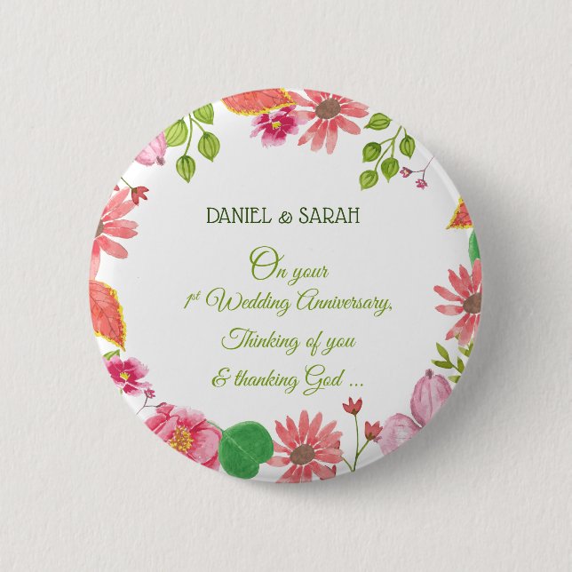 Religious 1st Wedding Anniversary Flowers 2 Inch Round Button (Front)