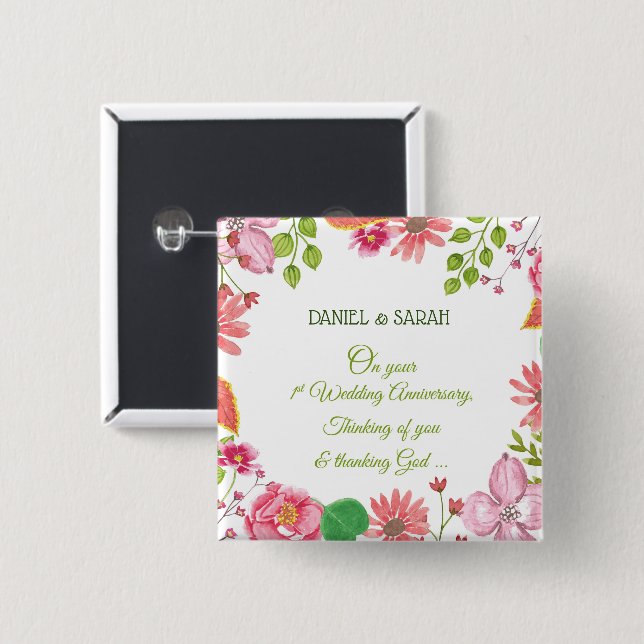 Religious 1st Wedding Anniversary Flowers 2 Inch Square Button (Front & Back)