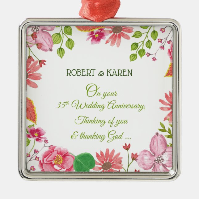 Religious 35th Wedding Anniversary Flowers Metal Ornament (Front)