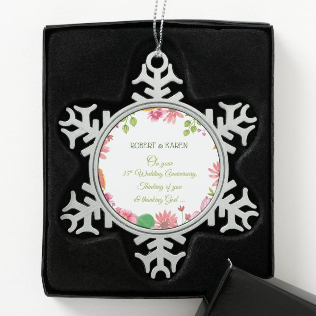 Religious 35th Wedding Anniversary Flowers Snowflake Pewter Christmas Ornament (Box)