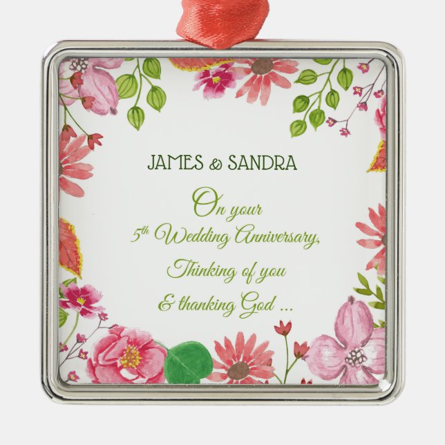 Religious 5th Wedding Anniversary Flowers Metal Ornament (Front)