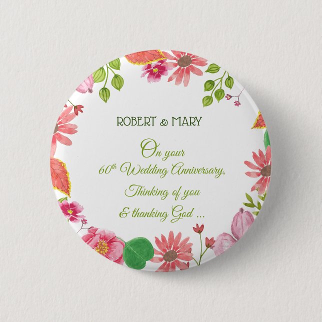 Religious 60th Wedding Anniversary Flowers 2 Inch Round Button (Front)