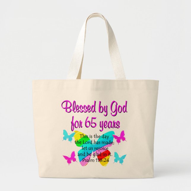RELIGIOUS 65TH BIRTHDAY BUTTERFLY DESIGN LARGE TOTE BAG (Front)