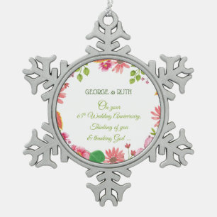 Religious 65th Wedding Anniversary Flowers Snowflake Pewter Christmas Ornament