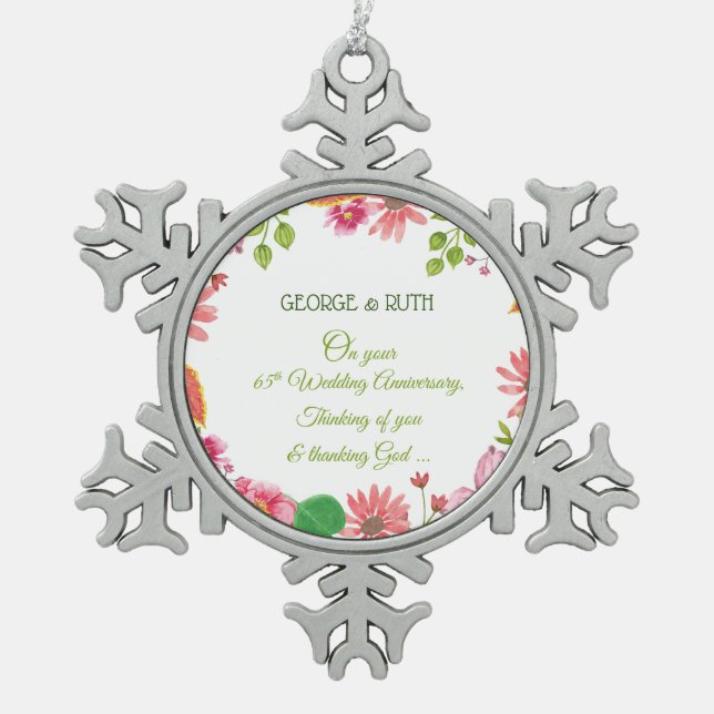 Religious 65th Wedding Anniversary Flowers Snowflake Pewter Christmas Ornament (Front)