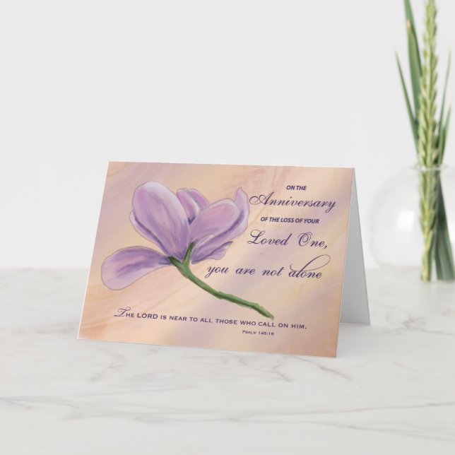 Religious Anniversary of Loss Purple Flower Bible  Card (Front)