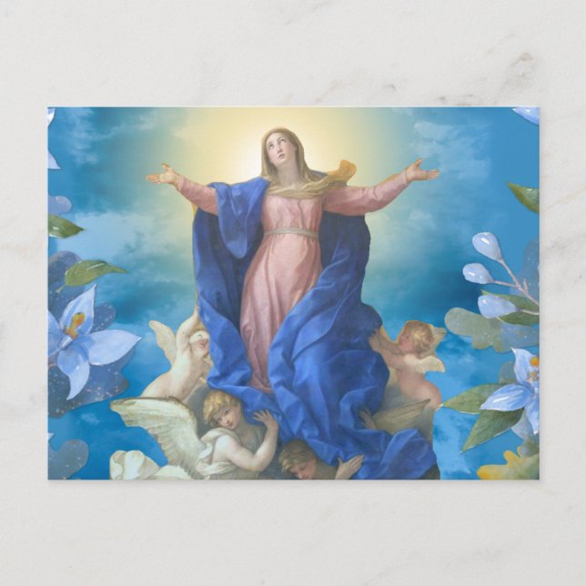 Religious Assumption of Mary Angels Blue Floral Po Postcard (Front)