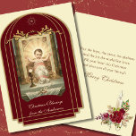 Religious Baby Jesus Scripture Christmas Vintage<br><div class="desc">Featuring a beautiful traditional Catholic religious vintage image of the Baby Jesus on the altar in a manger with the Eucharist. All text and fonts can be modified. Inside is another custom designed image of the Baby Jesus with roses and a scripture verse. A candle with roses and a rosary...</div>