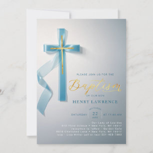 Religious Baptism Elegant Dusty Blue Invitations