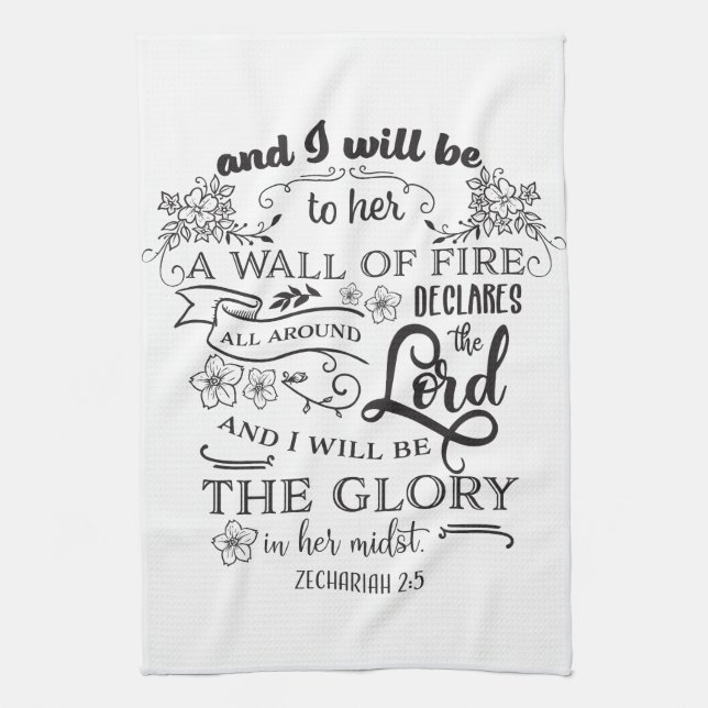Religious Bible Quote Zechariah 2:5 Wall of Fire Kitchen Towel (Vertical)