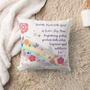 Religious Bible Verse,  Colourful Flowers Butterfl Throw Pillow