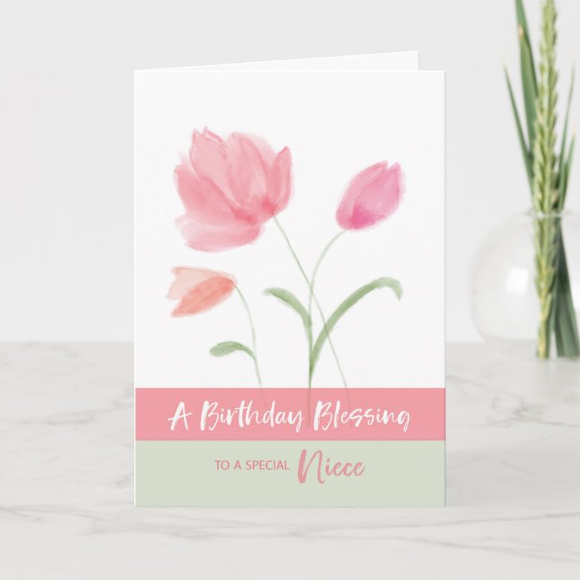 Religious Birthday for Niece Blessing Pink Flowers Card (Front)