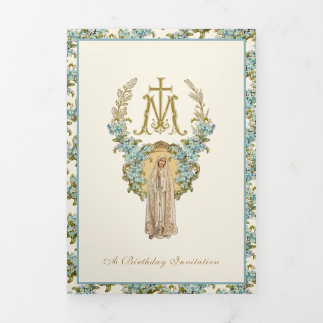 Religious Birthday Virgin Mary Blue Floral  Tri-Fold Invitation (Cover)