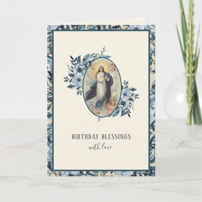 Religious Birthday Virgin Mary Floral Vintage Card (Front)