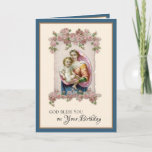 Religious Birthday Virgin Mary Rosary Card<br><div class="desc">Featuring a beautiful traditional Catholic religious image of the Blessed Virgin Mary with the Baby Jesus in her arms accented with pink roses. A scripture verse is on the inside. The right side of the card has a lovely image of the Holy Rosary with pink roses. All text and fonts...</div>