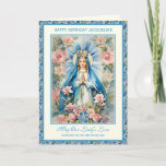 Religious Blessed Mary Floral Prayer Rosary Card<br><div class="desc">Featuring a beautiful custom designed image of the Blessed Mother holding a rosary with a floral pink and blue background. Inside is a lovely prayer to the Blessed Mother. The text in the message on the right side of the card may be modified to suit the occasion and the recipient....</div>
