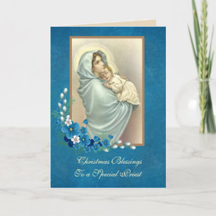 Religious Blessed Mother Baby Jesus Floral Holiday Card