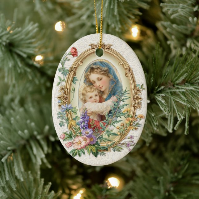 Religious Blessed Mother Mary and Jesus Floral Ceramic Ornament (Tree)