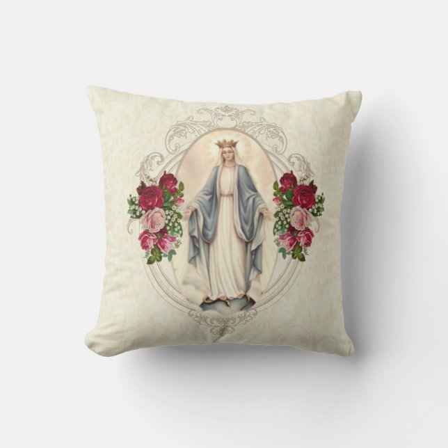 Religious Blessed Virgin Mary Catholic Roses Throw Pillow (Front)