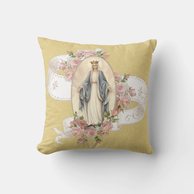 Religious Blessed Virgin Mary Catholic Roses Throw Throw Pillow (Front)