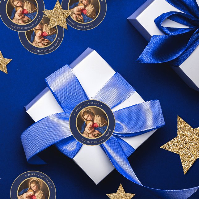 Religious Blue & Gold Madonna & Child Christmas Classic Round Sticker (Navy blue and gold, religious Christmas sticker with Madonna and Child for Catholics and Christians)