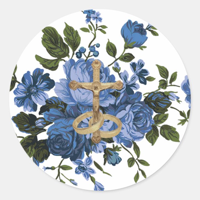 Religious Blue Roses Floral Gold Crucifix Classic Round Sticker (Front)
