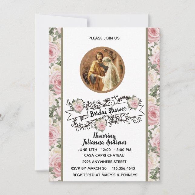 Religious Catholic Bridal Shower Pink Roses  Invitation (Front)