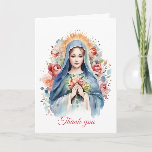 Religious Catholic Prayer Virgin Mary Cross Floral Thank You Card (Front)