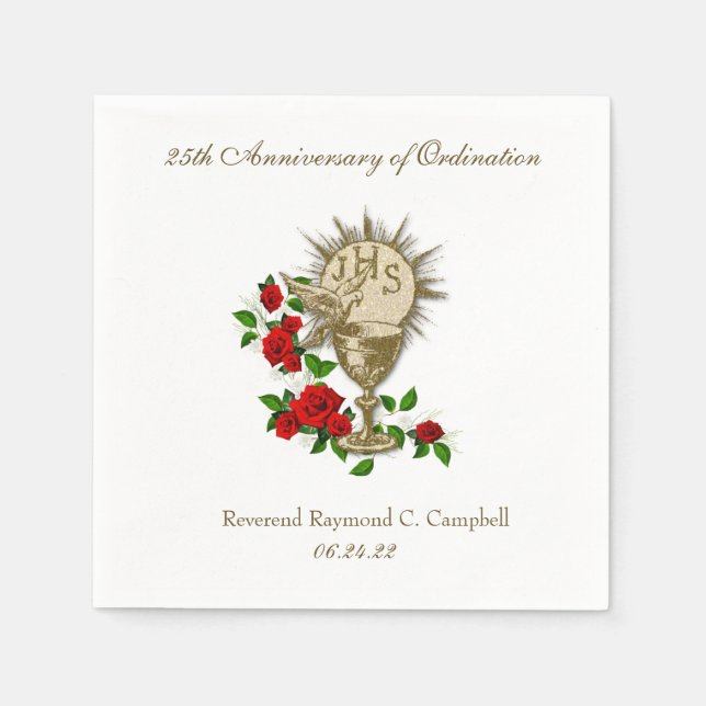 Religious Catholic Priest Anniversary Red Roses  Napkin (Front)
