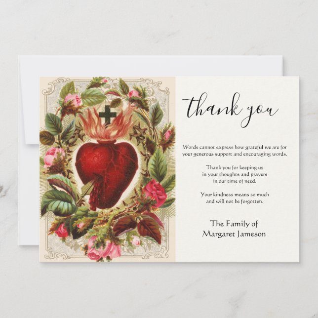 Religious Catholic Sacred Heart Jesus Condolence   Thank You Card (Front)