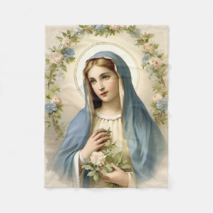 Religious Catholic Virgin Mary Floral Fleece Blanket