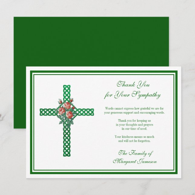 Religious Celtic Knotted Cross Roses Condolence Thank You Card (Front/Back)