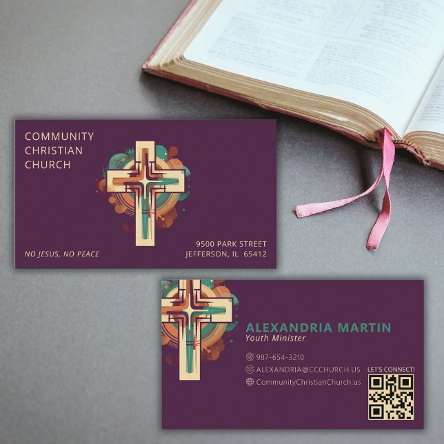 Religious Christian Church Cross QR Code Modern Business Card (Creator Uploaded)
