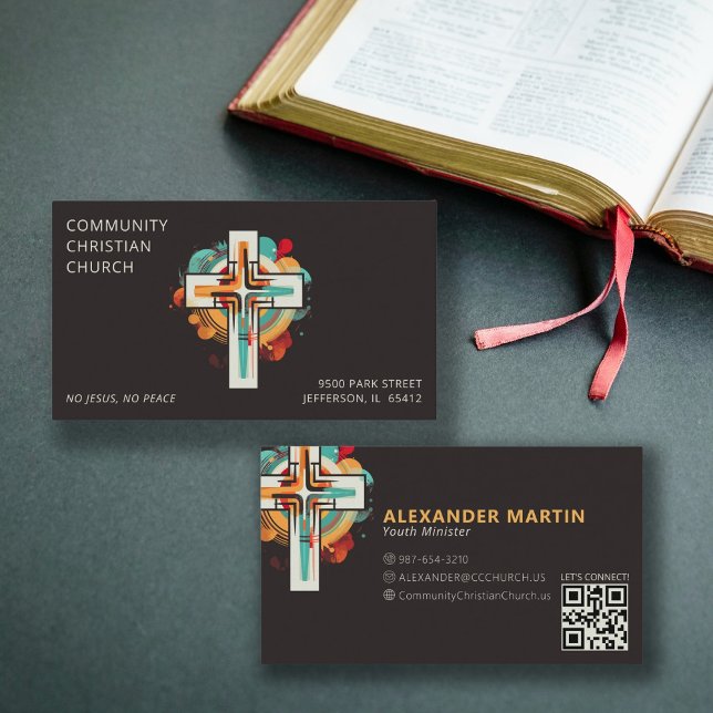 Religious Christian Church Cross QR Code Modern Business Card (Creator Uploaded)