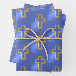 Religious Christian Golden Cross Lilac Blue Easter Wrapping Paper Sheet